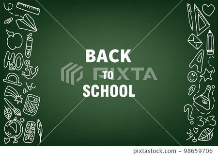 Hand-drawn school supplies on a green background. Back to school. Vector illustration in doodle style. 98659706