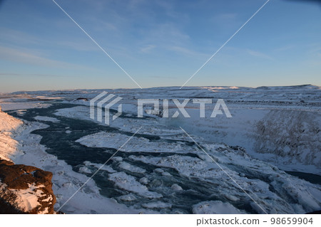Iceland Midwinter Gullfoss Waterfall Upstream Iceland Midwinter Gullfoss Waterfall Upstream 98659904