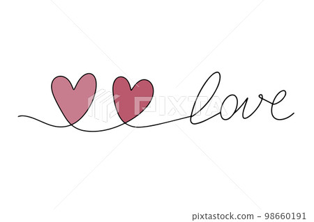Continuous drawing of two hearts and the inscription love. A couple of hearts. Fashion minimalist illustration. Single line abstract drawing. 98660191