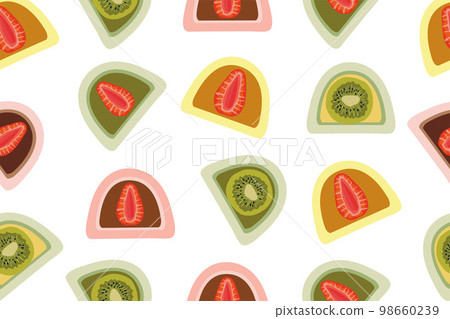 Background with Japanese dessert Daifuku. A collection of various mochi daifuku on a white background. 98660239