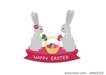 Happy easter card. Illustration with cute bunnies and eggs. Vector illustration isolated on white background. 98660328