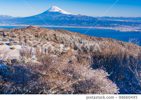 (靜岡縣)從白雪皚皚的富士山看到的富士山。 (靜岡縣)從白雪皚皚的富士山看到的富士山。 98660495