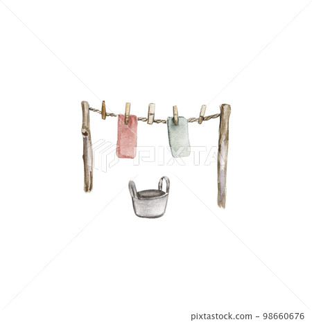 Watercolor wooden clothes dryer with clothes on it. Watercolor hand drawn illustration on white background. Perfect for greeting card, poster, wedding invitation, party decor. Watercolor wooden clothes dryer with clothes on it. Watercolor hand drawn illustration on white background. Perfect for greeting card, poster, wedding invitation, party decor. 98660676