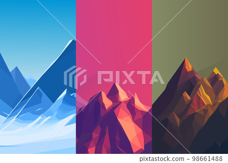 A set of mountain landscapes in a polygonal style. Natural wallpapers. Geometric minimalist, polygonal concept. Sunrise, winter landscape. Clear sky. 98661488