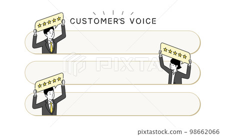Customer testimonial template design, illustration of a person giving a speech bubble and a five-star rating, vector 98662066