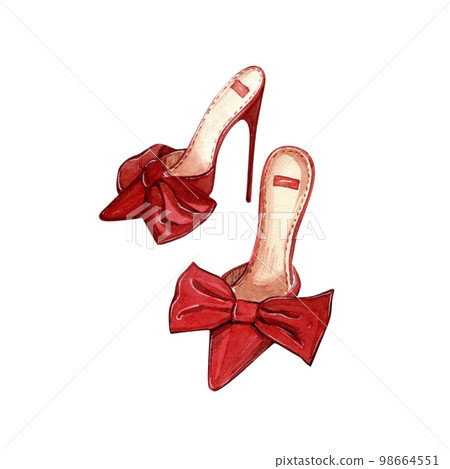 Valentine's Day. February 14. Watercolor hand-painted fashion illustration of red shoes. Graphic element for design. Isolate on white. Valentine's Day. February 14. Watercolor hand-painted fashion illustration of red shoes. Graphic element for design. Isolate on white. 98664551
