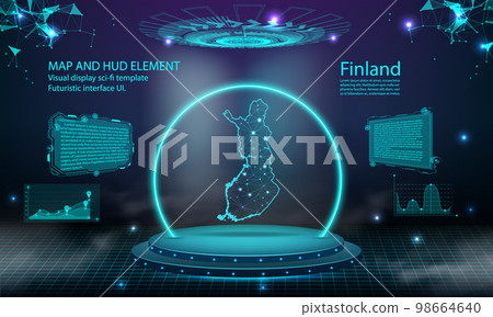 finland map light connecting effect background. abstract digital technology UI, GUI, futuristic HUD Virtual Interface with finland map. Stage futuristic podium in fog. 98664640