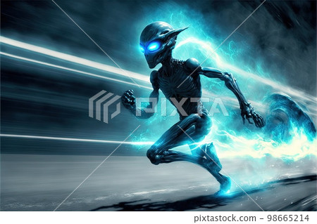Blue Alien running at lightspeed illustration generative ai 98665214