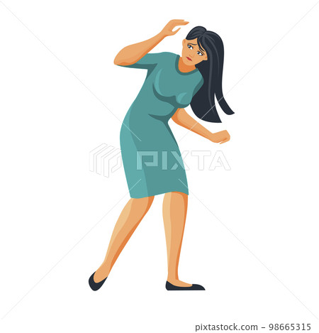 Frightened woman defends herself. Stressful situation in girl 98665315