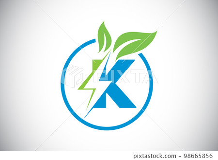 Initial K letter thunderbolt leaf circle or eco energy saver icon. Leaf and thunderbolt icon concept for nature power electric logo Initial K letter thunderbolt leaf circle or eco energy saver icon. Leaf and thunderbolt icon concept for nature power electric logo 98665856