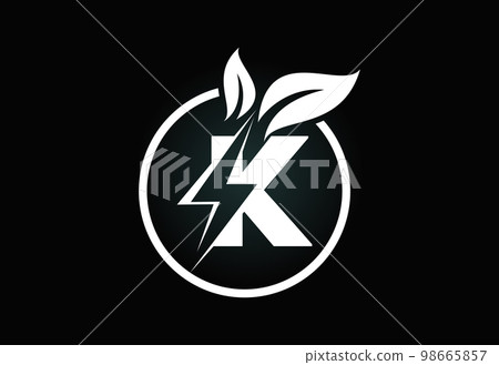 Initial K letter thunderbolt leaf circle or eco energy saver icon. Leaf and thunderbolt icon concept for nature power electric logo Initial K letter thunderbolt leaf circle or eco energy saver icon. Leaf and thunderbolt icon concept for nature power electric logo 98665857