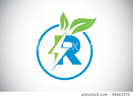 Initial R letter thunderbolt leaf circle or eco energy saver icon. Leaf and thunderbolt icon concept for nature power electric logo  98665870