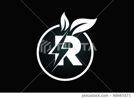 Initial R letter thunderbolt leaf circle or eco energy saver icon. Leaf and thunderbolt icon concept for nature power electric logo Initial R letter thunderbolt leaf circle or eco energy saver icon. Leaf and thunderbolt icon concept for nature power electric logo 98665871