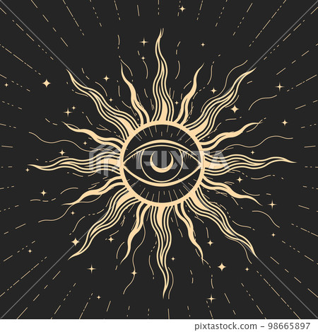Occult, witchcraft and magic, all seeing eye inside sun with wavy rays, witchcraft and astrology Occult, witchcraft and magic, all seeing eye inside sun with wavy rays, witchcraft and astrology 98665897