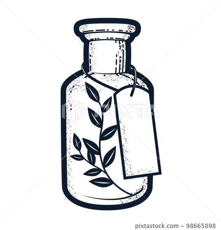 Flask with flower elixir, vial with twig and tag, old potion bottle, drug, vector Flask with flower elixir, vial with twig and tag, old potion bottle, drug, vector 98665898