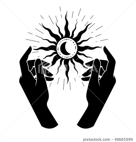 Witch hands hold sun, black star with moon, occultism and esoteric practice,  mystical spells  98665899