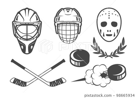 Ice hockey emblems, hockey helmets and retro goalkeeper mask, flying hockey puck, vector Ice hockey emblems, hockey helmets and retro goalkeeper mask, flying hockey puck, vector 98665934