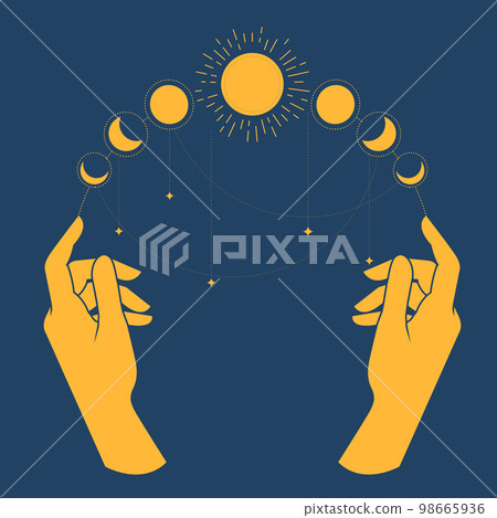 Hands of sorcerer with lunar phases on fingers, moon fortunetelling, horoscope and astrology Hands of sorcerer with lunar phases on fingers, moon fortunetelling, horoscope and astrology 98665936