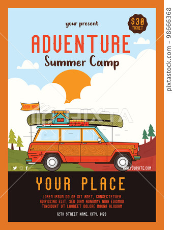Adveture Summer Camp Social media flyer template with vintage camper car. Classic camping invitation card design. Stock vector poster graphics 98666368