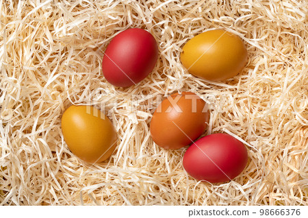 Colorful Easter eggs in a nest of wood wool, from above. Paschal eggs, hard boiled colorful dyed chicken eggs, in a soft bed of wood slivers, cut from logs, used for Easter egg hunt during Eastertide. Colorful Easter eggs in a nest of wood wool, from above. Paschal eggs, hard boiled colorful dyed chicken eggs, in a soft bed of wood slivers, cut from logs, used for Easter egg hunt during Eastertide. 98666376