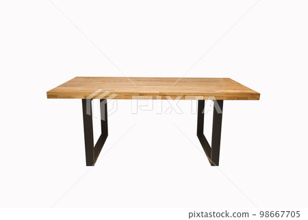 wooden lacquered table with black metal legs on white background. wooden lacquered table with black metal legs on white background. 98667705