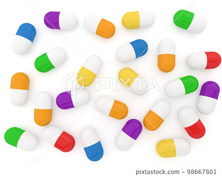 Pills medical multi-colored on a white background. 98667801