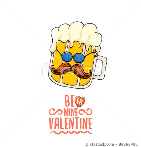Beer mine valentines vector valentines greeting card with beer glass cartoon character isolated on white background. Vector adult valentines day party poster design template with funny slogan Beer mine valentines vector valentines greeting card with beer glass cartoon character isolated on white background. Vector adult valentines day party poster design template with funny slogan 98668406