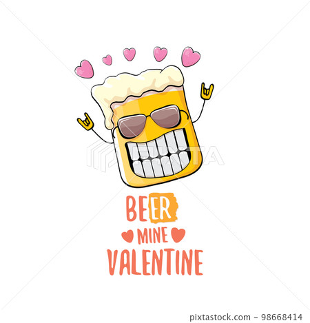Beer mine valentines vector valentines greeting card with beer glass cartoon character isolated on white background. Vector adult valentines day party poster design template with funny slogan Beer mine valentines vector valentines greeting card with beer glass cartoon character isolated on white background. Vector adult valentines day party poster design template with funny slogan 98668414