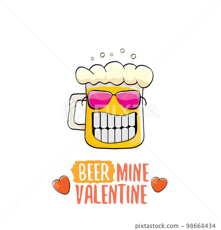 Beer mine valentines vector valentines greeting card with beer glass cartoon character isolated on white background. Vector adult valentines day party poster design template with funny slogan 98668434