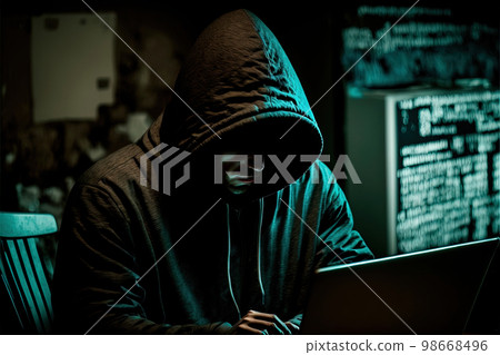 Hacker in a dark room sitting at a laptop. 3D illustration 98668496
