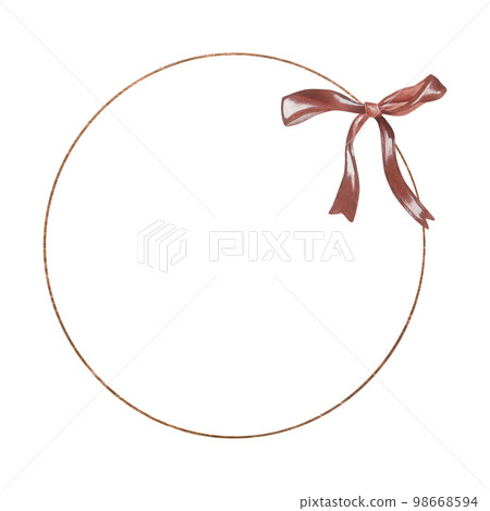 Watercolor illustration. Golden wreath decorated with red bow. Place for inscription or text. Isolated on a white background. For design of card, wedding invitation, stickers Watercolor illustration. Golden wreath decorated with red bow. Place for inscription or text. Isolated on a white background. For design of card, wedding invitation, stickers 98668594