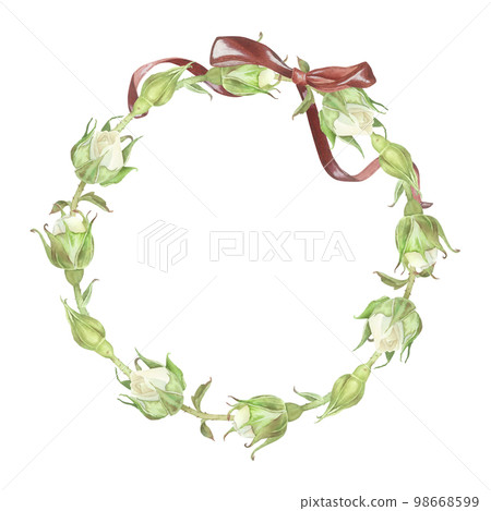 Watercolor illustration. Round wreath of white roses buds with leaves and a red bow on top. Place for inscription or text. Isolated on a white background. For design of dishes, wedding invitation Watercolor illustration. Round wreath of white roses buds with leaves and a red bow on top. Place for inscription or text. Isolated on a white background. For design of dishes, wedding invitation 98668599
