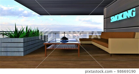 A smoking area on the balcony of an elite country cottage. Comfortable sofa and table for hookah or ashtray. 3d rendering. 98669190