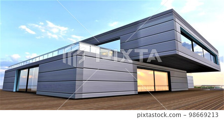 Awesome elite cottage with zinc alloy walls. Wooden terrace as a flooring. 3d rendering. 98669213