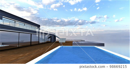 Empty terrace with pool on the roof top of the contemporaty hotel. Nothing is visible because of the fog. 3d rendering. 98669215