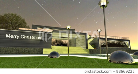 Country real estate as a gift for Christmas. Glowing sign on the wall near the porch in a luxurious private house. Suitable new year illustration. 3d rendering. Country real estate as a gift for Christmas. Glowing sign on the wall near the porch in a luxurious private house. Suitable new year illustration. 3d rendering. 98669225