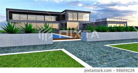 Exclusive designed suburban armored house constructed in the region with difficult access. 3d rendering. Exclusive designed suburban armored house constructed in the region with difficult access. 3d rendering. 98669226