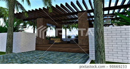 The entrance to a chic covered patio. Comfortable furniture on the terrace board flooring. Brick tile finishing. Cozy atmosphere. 3d rendering. 98669233