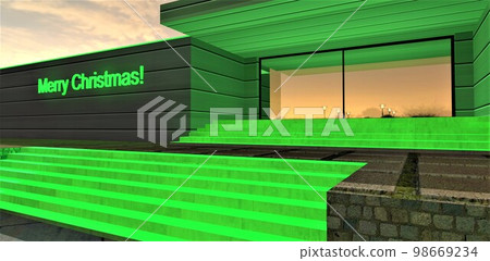 Unusual green color for Chrismas topic. Luxury concrete stairs in front of the porch with glass door reflecting amazing sunrise. 3d rendering. Unusual green color for Chrismas topic. Luxury concrete stairs in front of the porch with glass door reflecting amazing sunrise. 3d rendering. 98669234