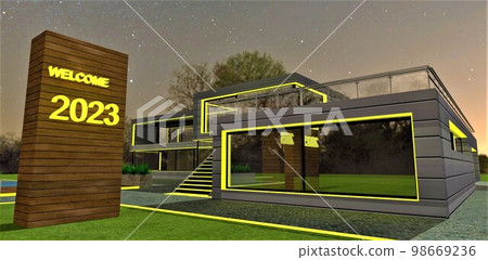 Welcome 2023 with new real estate, Good Christmas baner for house selling advertisment. 3d rendering. Welcome 2023 with new real estate, Good Christmas baner for house selling advertisment. 3d rendering. 98669236