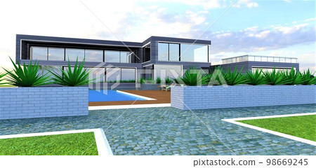 Gray granite paving stones as a building materials of the walkway on the lawn located onthe territiry of the contemporary elite dwelling. 3d rendering. 98669245