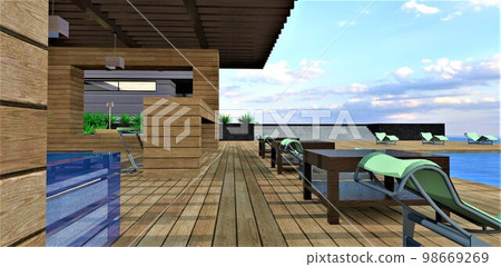 Wood as a basic building material of the stylish patio in the yard of the contemporary club hotel. 3d rendering. Wood as a basic building material of the stylish patio in the yard of the contemporary club hotel. 3d rendering. 98669269