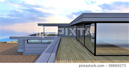 Aesthetic wooden covering of the terrace on the second floor of a private elite house. Mirrored panoramic doors as high as a wall. 3d rendering. 98669273