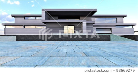 Frontal view of a technologically advanced country house built using environmentally friendly natural materials. Spacious paved area of concrete slabs. 3d rendering. 98669279