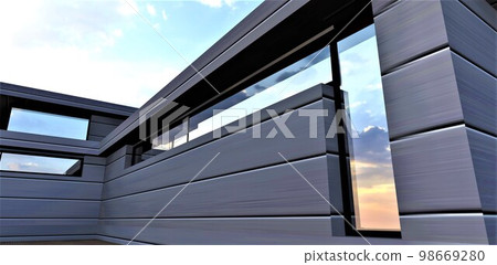 Individually designed narrow skylights give the impression of an exclusive facade, especially when combined with metal panels. 3d rendering. Individually designed narrow skylights give the impression of an exclusive facade, especially when combined with metal panels. 3d rendering. 98669280