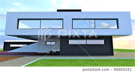 Right side of the house finished with black and white brick tile. Stone slab pavement on the freen lawn. 3d rendering. Right side of the house finished with black and white brick tile. Stone slab pavement on the freen lawn. 3d rendering. 98669281