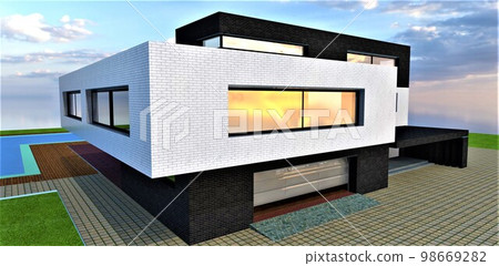 Stylish model of the modern design house constructed according to agvanced technogies. Lifting aluminium gate of the garage. 3d rendering. Stylish model of the modern design house constructed according to agvanced technogies. Lifting aluminium gate of the garage. 3d rendering. 98669282