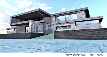 The house was built according to the exclusive design of an advanced architect. Concrete paving slabs blend well with horizontal aluminum cladding panels. 3d rendering. The house was built according to the exclusive design of an advanced architect. Concrete paving slabs blend well with horizontal aluminum cladding panels. 3d rendering. 98669283