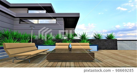 Wonderful cool morning in the pergola with comfortable beige sofas and a wooden table on decking flooring. 3d rendering. 98669285