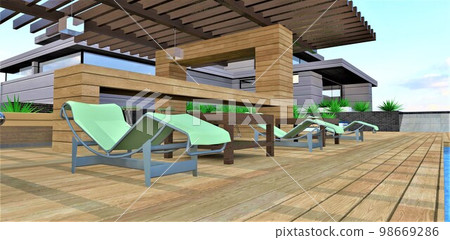 Wonderful covered patio on the territory of an elite estate. Terrace board as a floor covering. Wooden bar. Comfortable seating furniture. 3d rendering. Wonderful covered patio on the territory of an elite estate. Terrace board as a floor covering. Wooden bar. Comfortable seating furniture. 3d rendering. 98669286